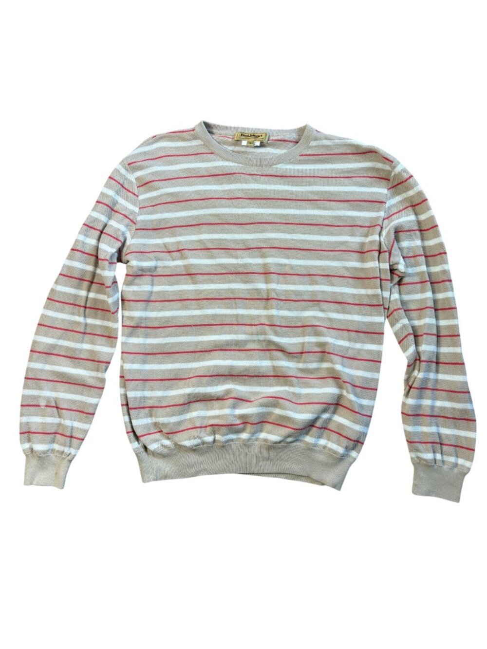 Paul Stuart men's striped cotton crewneck sweater size L large khaki white red